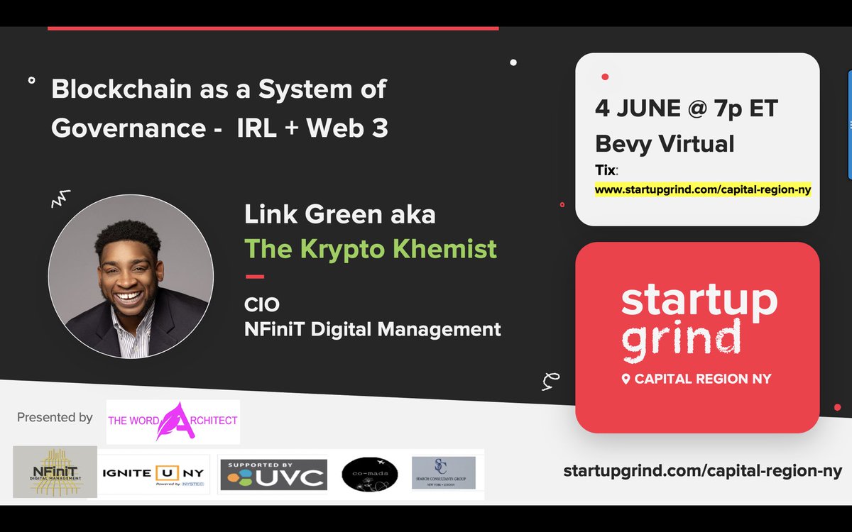 StartupGrindALB's tweet photo. TONIGHT! Join us for a little Saturday Night Delight @StartupGrindALB kicking it with none other than @KryptoKhemist also CIO of @NFiniT_NFTs Tix: https://t.co/XhUIWkGaWe     @ktlristina @Grant_Undead @garyvee @CigarLifeNFT @shahh @DruRly @andr3w @_Gladstone @bhorowitz https://t.co/MRsdK1jblD
