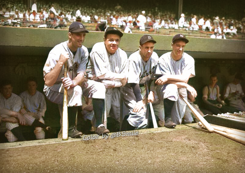 BSmile's tweet photo. Hank Greenberg, Babe Ruth, Charlie Gehringer &amp; Lou Gehrig pose before a Detroit #Tigers vs. New York #Yankees game at Yankee Stadium! (1934) edit/color by BSmile #MLB #Baseball #Legends https://t.co/9IepgmQdXW