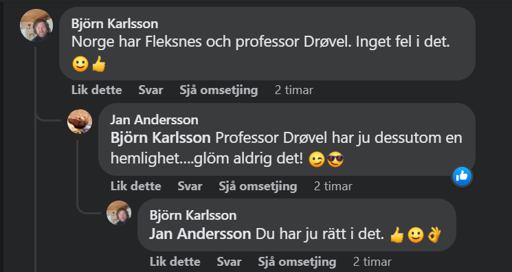7Pip12's tweet photo. Ordkrigen i gong før landskampen i fotball søndag. Eg visste ikkje at svensker kjenner til Professor Drøvel. Eg ville tru at der er mange ordspel, som ikkje fungerer på svensk. https://t.co/WebHUXGl3U