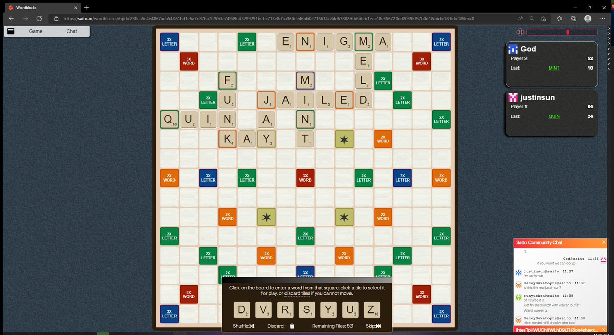 GodSaito's tweet photo. Justin Sun seems pleased with the $TRX update for the https://t.co/7GuHIwbzSi, he came over and played a round of Wordblocks with me. This is true until proven otherwise.
$Saito #web3 #Wordblocks #boardgames #web3gaming https://t.co/oqN09tTWjj