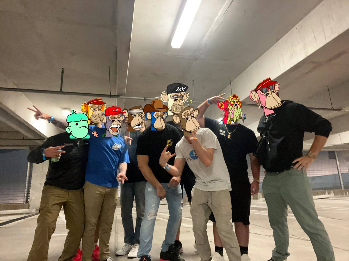 Bunch of bored apes in the parking lot after the <a href="/Marlins/">Miami Marlins</a> game. <a href="/FR33LVNCE/">FR33LVNCE.eth 🧪</a> <a href="/BoredApe4662/">BoredApe4662</a> <a href="/donjustiniani/">ΞL DON | justiniani.eth | 🎩</a> <a href="/franklinisbored/">Franklin</a> <a href="/frankiebuys/">frankiedooks 🍌(locked in arc)</a> <a href="/nftranch/">Raanch</a> <a href="/highassape/">Shark</a> <a href="/Hazard069/">Hazard🔮</a> <a href="/FuegoApps/">Noe Ji-Won | FuegoDeployer</a> <a href="/BoredApeYC/">Bored Ape Yacht Club 🍌</a>