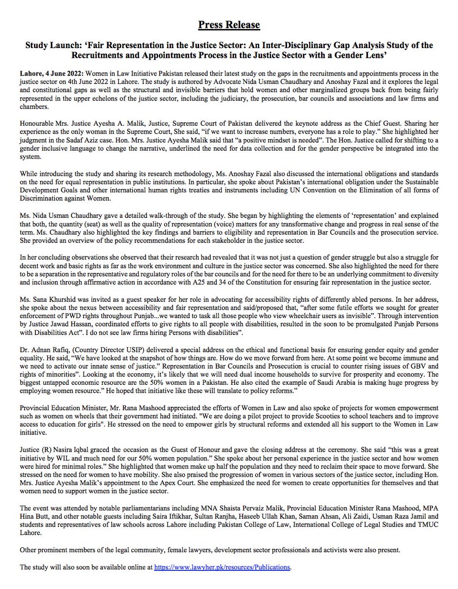 WomenInLawPk's tweet photo. Press Release - #StudyLaunch | June 4, 2022

#RepresentationMatters 
#WomenInLaw https://t.co/evk7cecN8Y