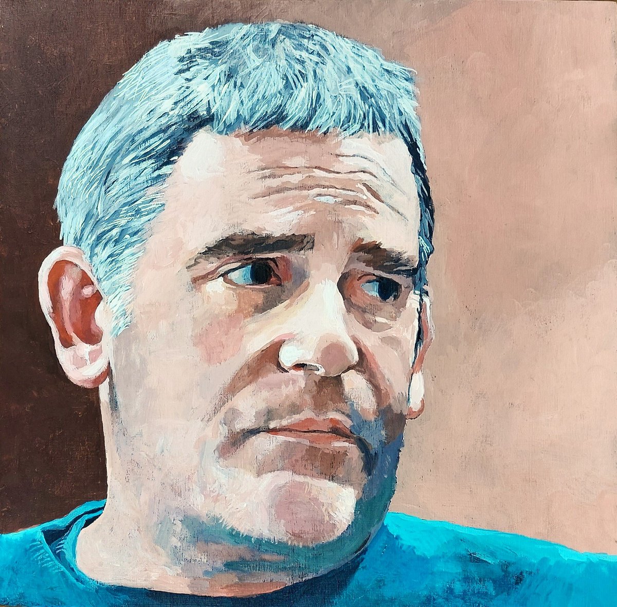 Work in progress. The second of a set of four 12x12 inch portraits of my sons. Acrylic on wooden panel. Here is our first-born, Richard. Eventually, if I survive, they should all be joined as a polyptych.