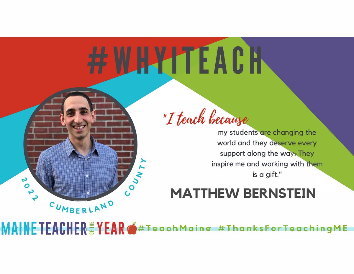 MAINETOY's tweet photo. Meet Matthew Bernstein, 2022 Cumberland County Teacher of the Year!
#WhyITeach #TeachMaine #EveryTeacherALeader #ThanksForTeachingME
@mdoenews
@EducateMaine https://t.co/8hDDqWyCYA