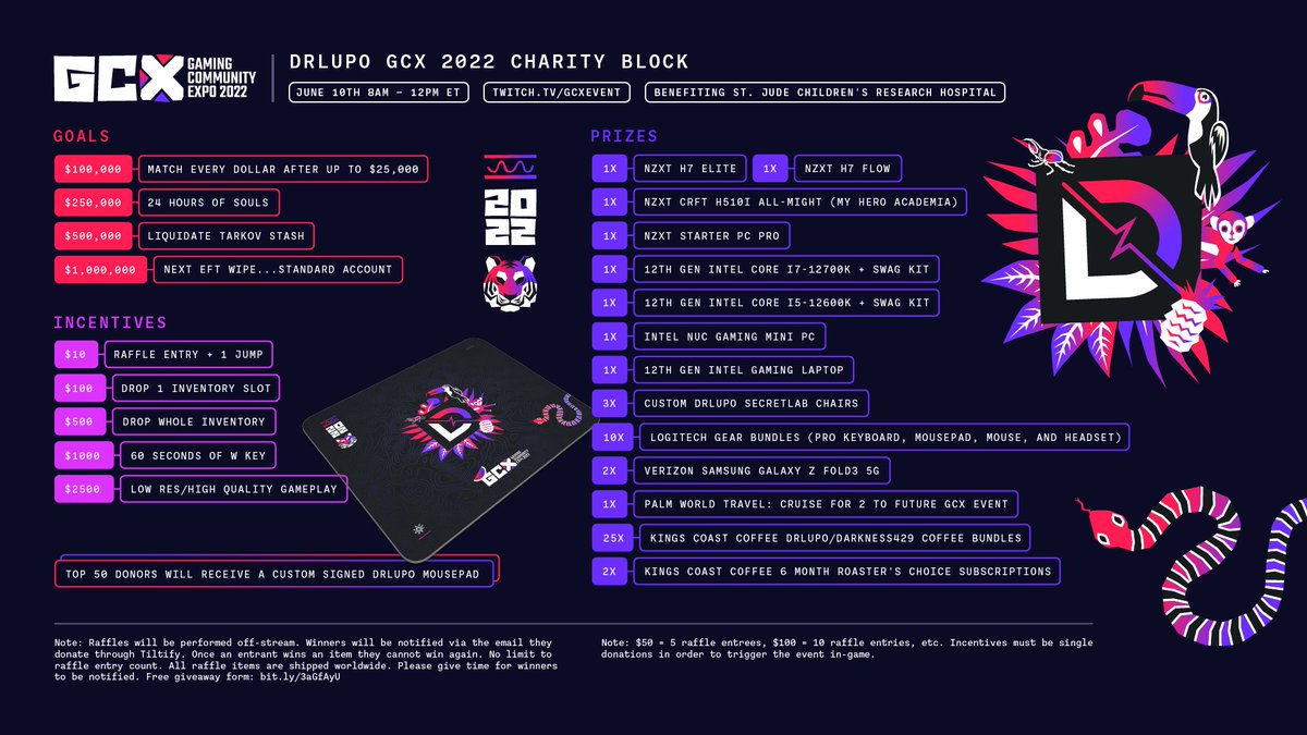 DrLupo's tweet photo. June 10th @ 8 AM Eastern.

4 hours for the kids at @StJude.

The final block of @GCXEvent.

❤️💜 https://t.co/UCNEreyuYd