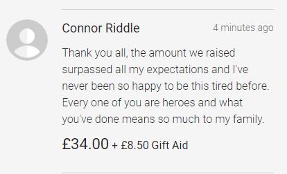 ConnorRiddle_'s tweet photo. I rarely get emotional &amp; maybe it's tiredness but the fact that our small corner of this great community can come together 2 make a difference in peoples lives is unreal.

You raised £1220 for @RUHBath in the memory of my Nan &amp; Pap (grandad), over 2x my target

We thank you all x https://t.co/Cw3Spr4dnO