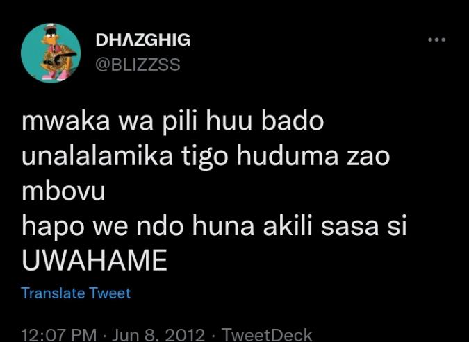 WizardTipsX's tweet photo. Hawa Tigo Hizi Mambo Wameanza Tangia 2012 #Twitter2012 https://t.co/aX5tvMLuDP