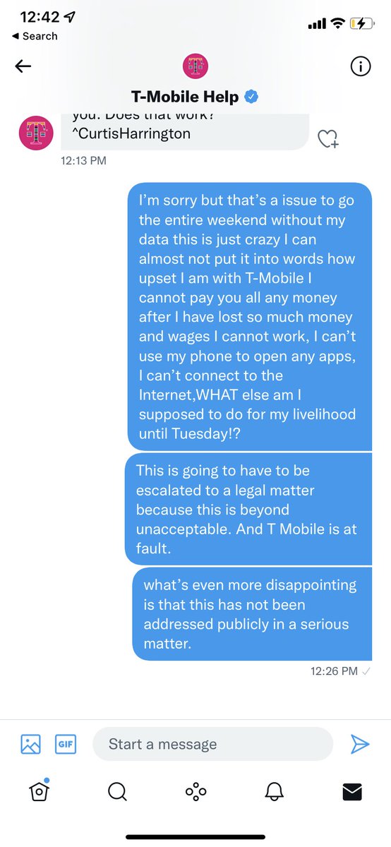 xojazm's tweet photo. @TMobileHelp @MikeSievert As you can see it is beyond unacceptable for me to go the whole weekend into the next week without my data I’ve already lost a lot of money in wages because I cannot work https://t.co/aZhrs7CJqW