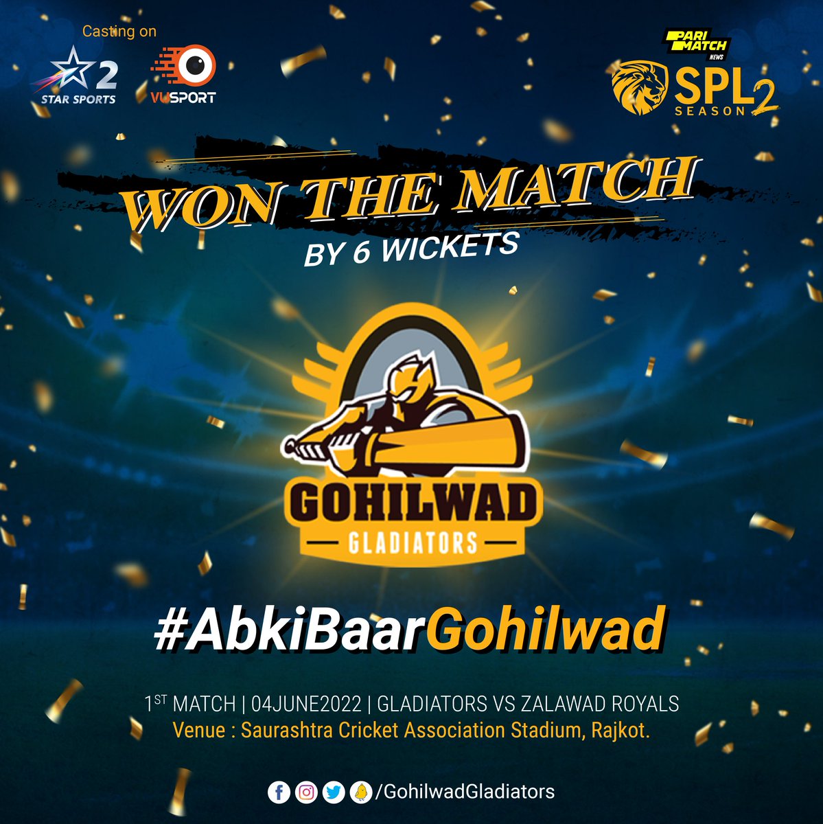 TeamGohilwad's tweet photo. Roar of #Gladiators
We won by 6 wickets🏏🏏🏏
.
.
.
#GohilwadGladiators #Winner #Win #GGvsZR #abapnibaarihai💪 #Spl #spl2022 #roartoday #AbkiBaarGohilwad https://t.co/n4KaY6NPqS