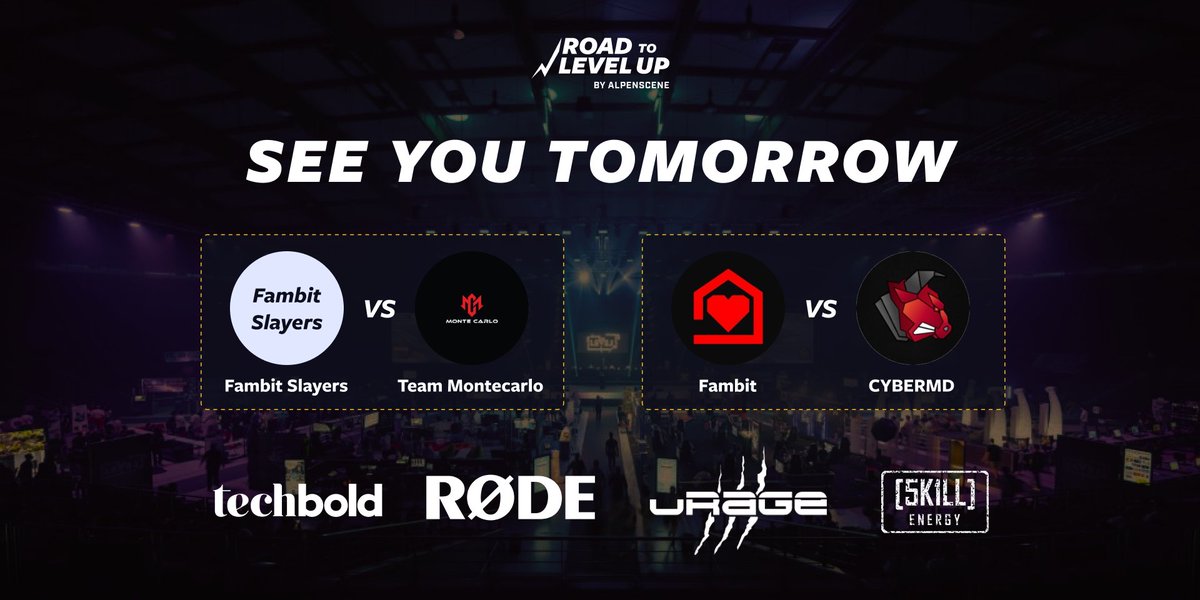 alpenScene's tweet photo. See you tomorrow 👀
Only 4⃣ teams remain 🔥
#Fambitslayers 🆚 @MonteCarlo_gg
@FAMBITcs 🆚 #cybermd
⏲️ 14:00 CEST
📺 https://t.co/2PelgpGPmu
🎙️ @M0nk3y_aut & @DasOschi
@RodeGermany @techbold @urage_gaming @levelupsalzburg @5k1llEnergy https://t.co/rwxhc3PjgH