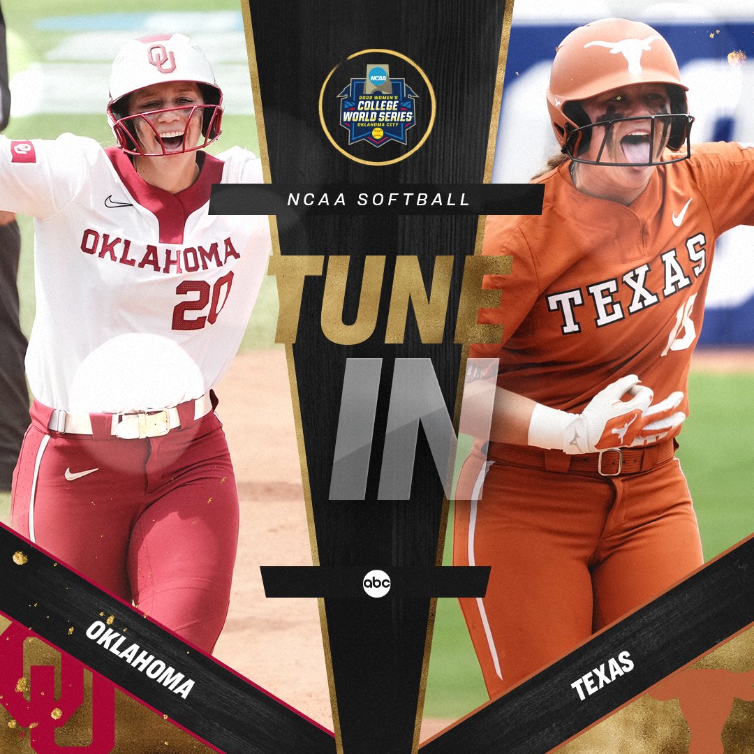 NCAASoftball's tweet photo. 🥎 TUNE IN🥎

(1) @OU_Softball 
🆚
@TexasSoftball 

📺 @ABCNetwork 
📻 @westwood1sports
📲 https://t.co/2QO2igwrnT

#WCWS https://t.co/ARyN4A56ta