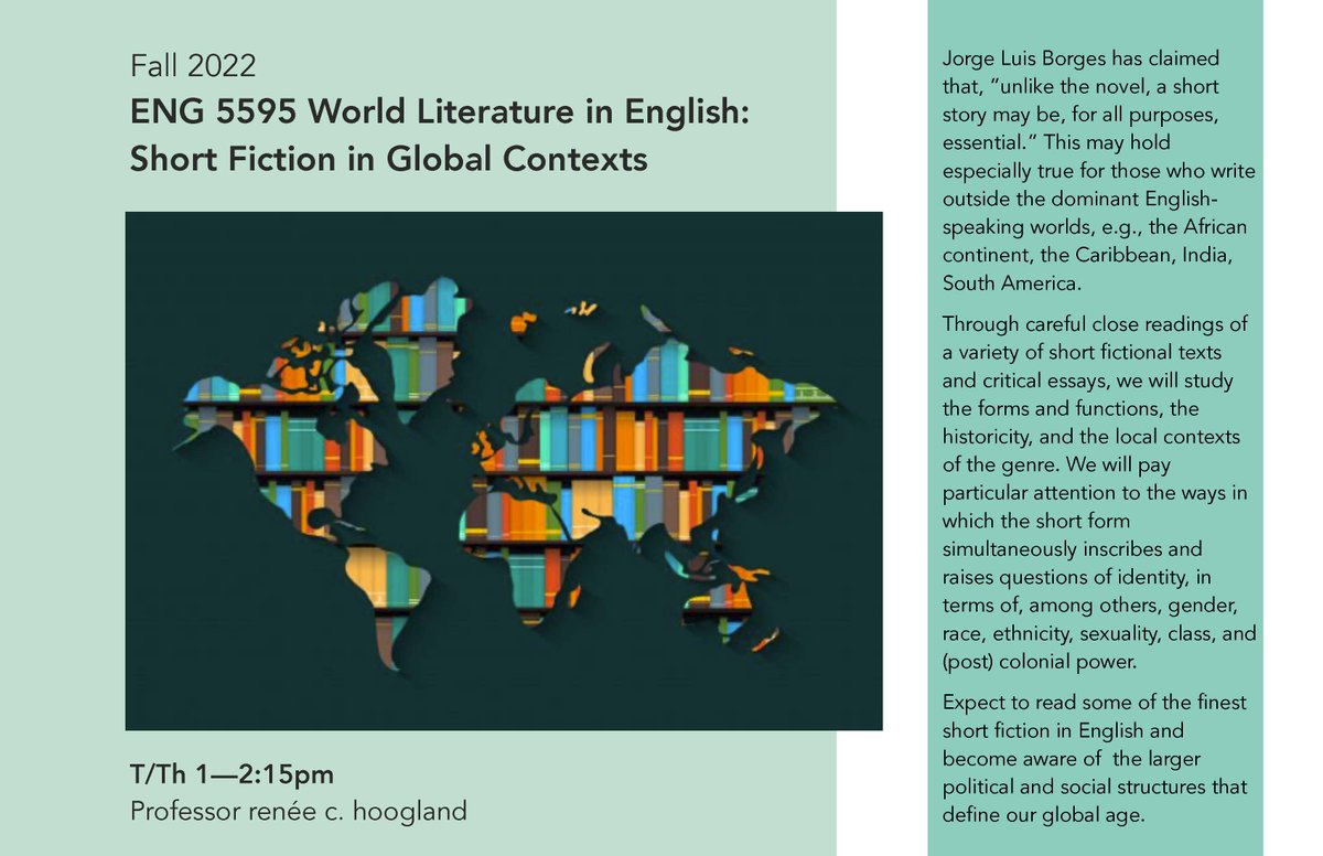 EnglishWSU's tweet photo. Attention again, English majors and minors! If you're still looking for a 5000-level course in fall, please consider Professor hoogland's section of ENG 5595, which is on the global short story. Please see the attached flier for more info! https://t.co/n5GObFch0Q