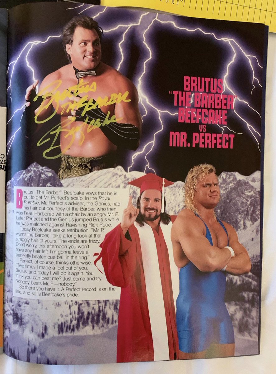 ShoneCold's tweet photo. 💈✂️ @brutusbeefcake_ 💈✂️

Thank you Brutus &amp; Nick at @CaptinsCorner ✍️ 🔥 

Great to add Brutus’ auto to my #WrestleMania6 prog during last nights virtual signing 😃

#hWo #UKMafia #WM6 #BrutusTheBarberBeefcake https://t.co/shuibUlB2b