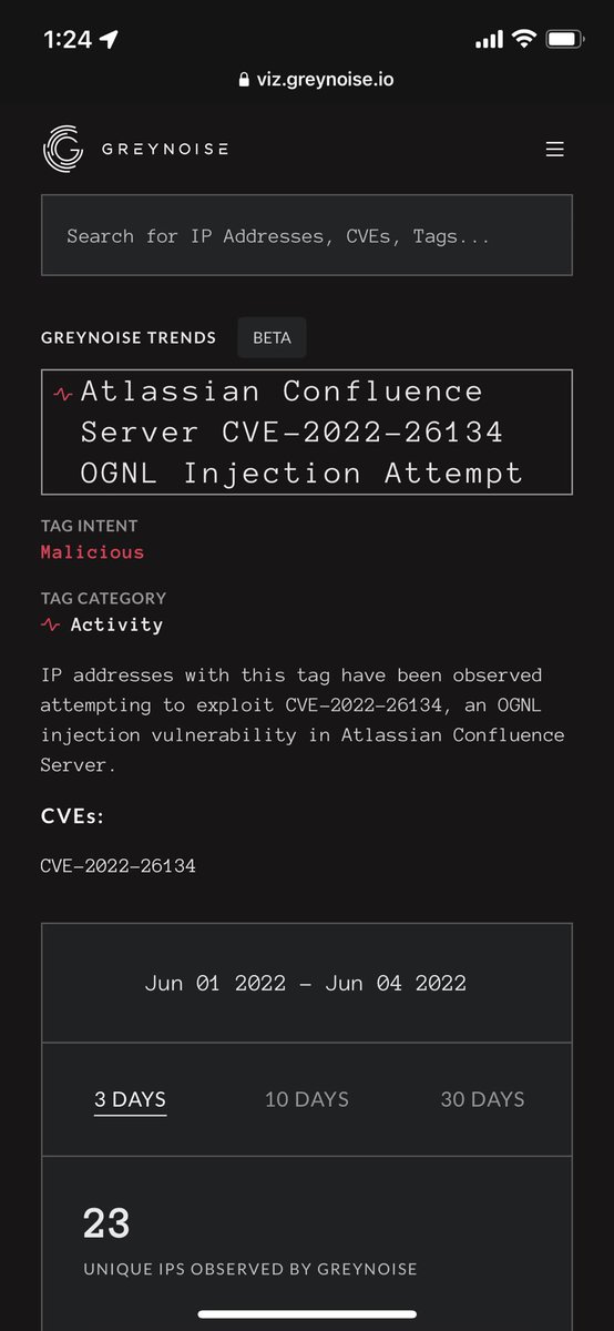Widespread Atlassian Confluence CVE-2022-26134 exploitation, specifically that is *confirmed functional*, has just started. 23 unique IPs so far. -Tags available to all @GreyNoiseIO users now - Create an account to deploy a dynamic block list to block it viz.greynoise.io/query/?gnql=ta…