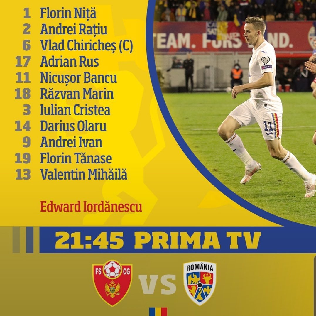 FootRoumain's tweet photo. 🇷🇴 Notre XI de départ pour défier le Monténégro.

Par rapport à la compo annoncée : Olaru à la place de Cicâldău, Mihăilă à la place de Maxim (Ivan à droite).

(4-3-3) : Niță – Rațiu, Chiricheș (C), Rus, Bancu – R. Marin, I. Cristea, Olaru – Ivan, Fl. Tănase, Mihăilă.

#MNEROU https://t.co/KAT1bxscoO