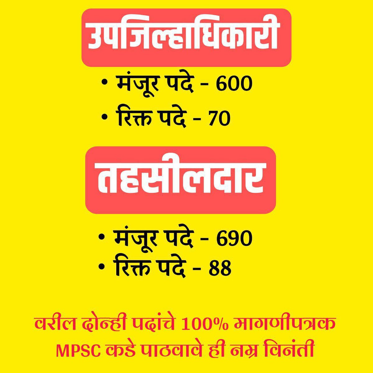 DPatil00's tweet photo. @bharanemamaNCP सर महसूल विभागातील उपजिल्हाधिकारी व तहसीलदार या पदांची भरती 3 वर्षे झाली नाही राज्यसेवा 2022 साठी ह्या जागा भरल्या जाव्या ही विनंती https://t.co/IHEo0BqTpP