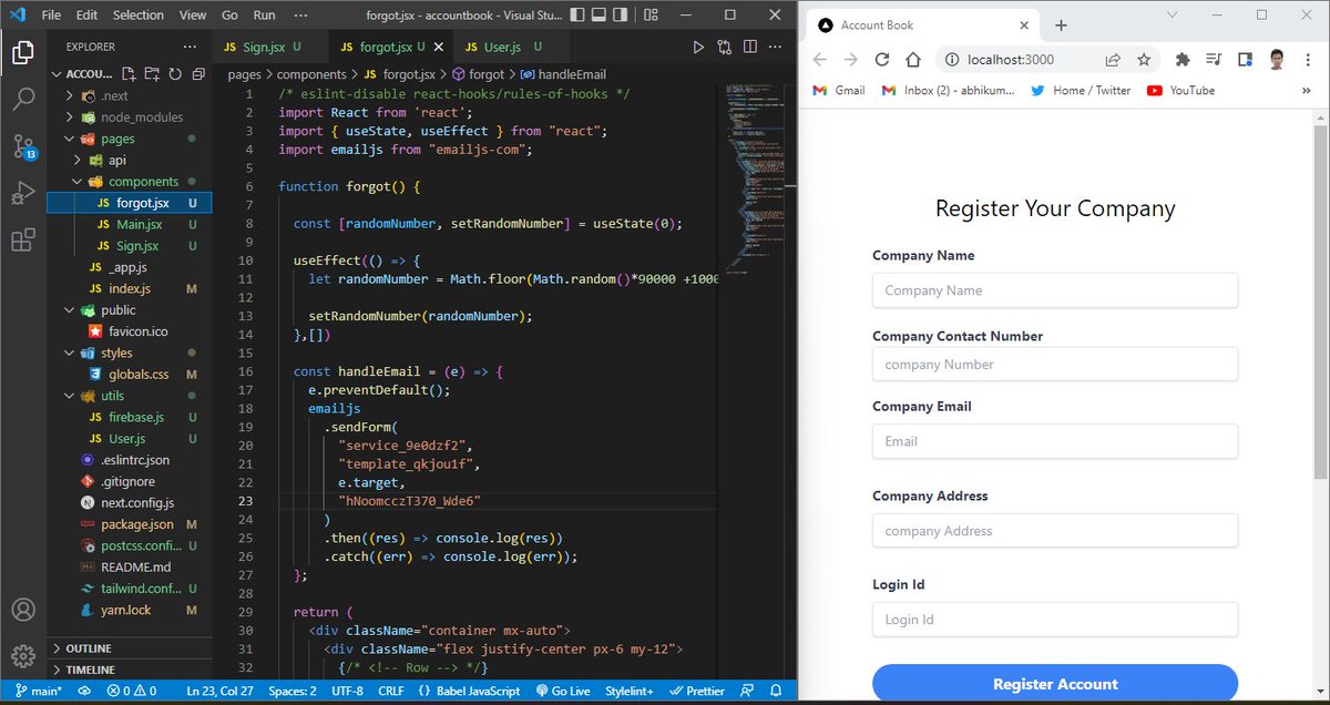 mainabhiihoon's tweet image. Day:1 Building a full stack website for handling business accounts. Today I added the sign-up/sign-in and forgot password feature.
#100DaysOfCode #Day1 #codingproject #webdevelopment