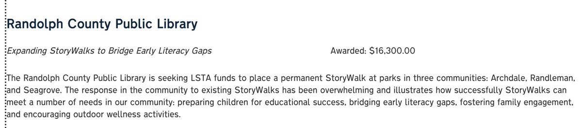 NoahLenstra's tweet photo. Looking closer at the @StateLibraryNC 2022-2023 LSTA grants this morning. Using $200,000 from @US_IMLS they funded two StoryWalks, The Power of Play, Family Place Library, a Rec &amp; Read Mobile Trailer, and Mind Over Matter: Conversations About Mental Health https://t.co/gIUu5kM9Wm https://t.co/MEsK4NDlq9