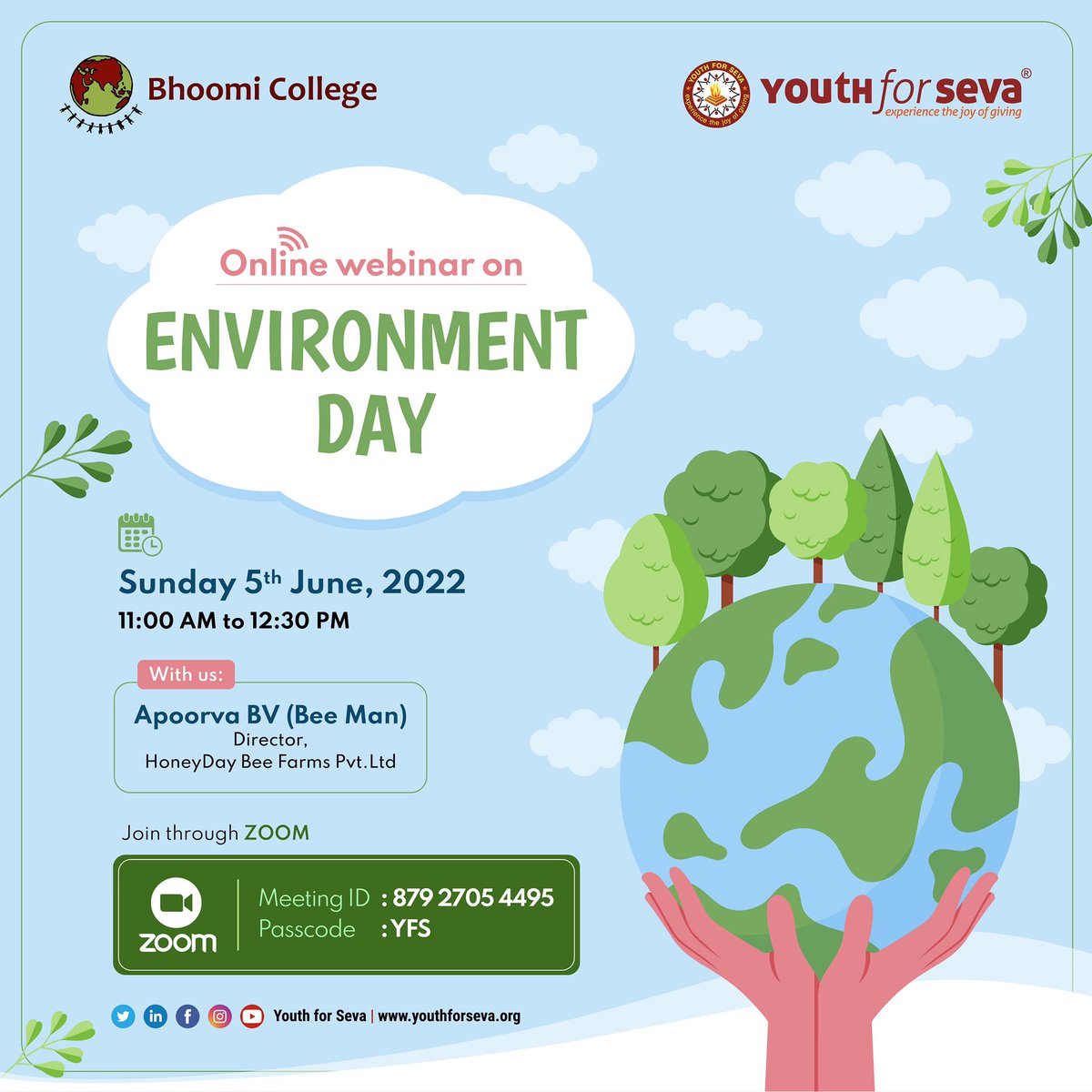 devaru_rutu's tweet photo. Details: World Environment Day
Speaker: Apoorva (Bee Man)
Day: 5th June, 2022 - Sunday
Time: 11:00am - 12:30pm
Meeting ID: 879 2705 4495
Passcode: YFS
Join Zoom Meeting
https://t.co/nWDJ2ysQhy
#5thjune #WorldEnvironmentDay #youthforseva https://t.co/x7Qf8T23gS