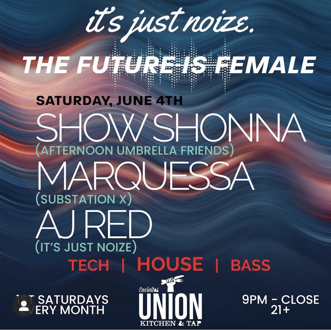 Catch my set tonight at <a href="/UNIONKitchenTap/">UNION Kitchen & Tap</a> (Encinitas) starting at 10:30pm // <a href="/ItsJustNoizeSD/">It's Just Noize.</a> #TheFutureIsFemale #HouseMusic
