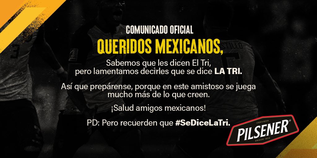 PilsenerEcuador's tweet photo. ¡Hora de sacar el orgullo ecuatoriano! 🍻 

Digámosle al mundo y a @miseleccionmx que #SeDiceLaTri 🇪🇨.
👉 ¡Sobrin@! Comenta con el ht #SeDiceLaTri y participa por unas heladitas🍺. Sortearemos six packs cada hora, hasta que comience el partido contra nuestros amigos🇲🇽⚽️. https://t.co/HjuixuUw4G