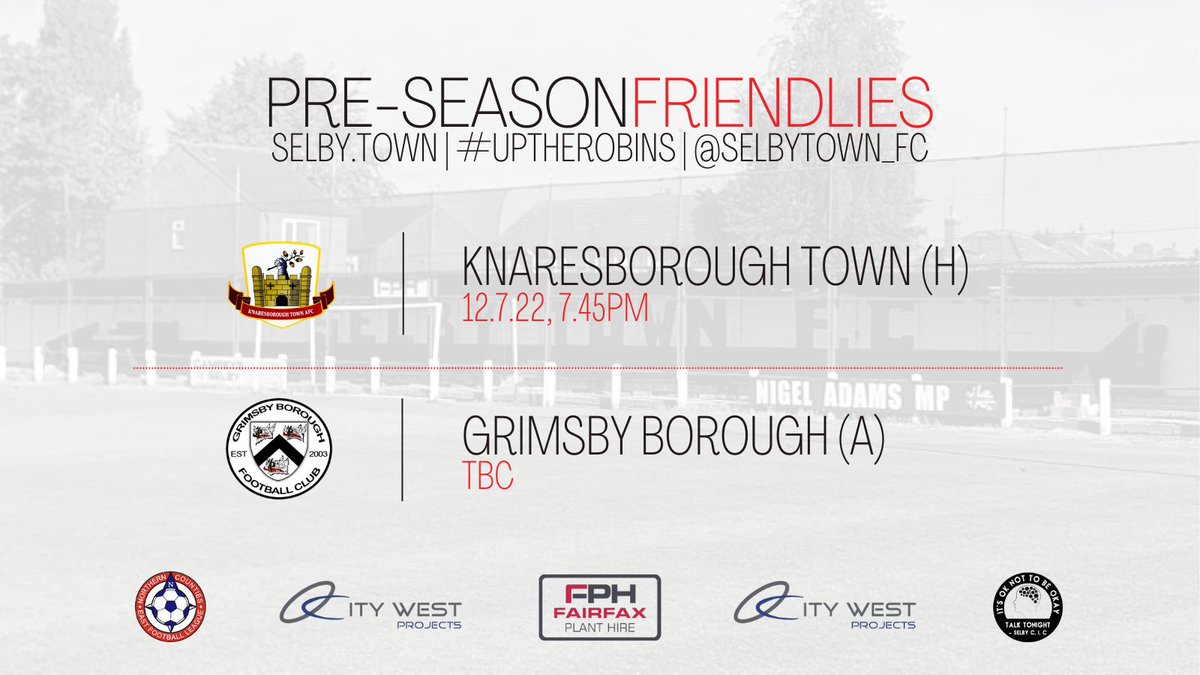 SelbyTown_FC's tweet photo. Pre-Season Fixtures | We have our first friendlies confirmed ahead of the 2022/23 @NCEL season. Our two confirmed fixtures are with @KnaresboroughFC &amp; @Grimsby_Borough

Further details and fixtures to be confirmed in due course as we continue our preparations.

#NCEL #UptheRobins https://t.co/vVgNfsLcPr