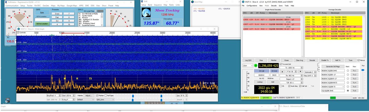 ZhaoFen37759626's tweet photo. After 7 months of preparation, today I finished my first 23cmEME QSO, UTC20220605 1400 BG0AUB IQ2DB... This is thanks to all my friends who helped me🙏 https://t.co/4wFIFwrKAT