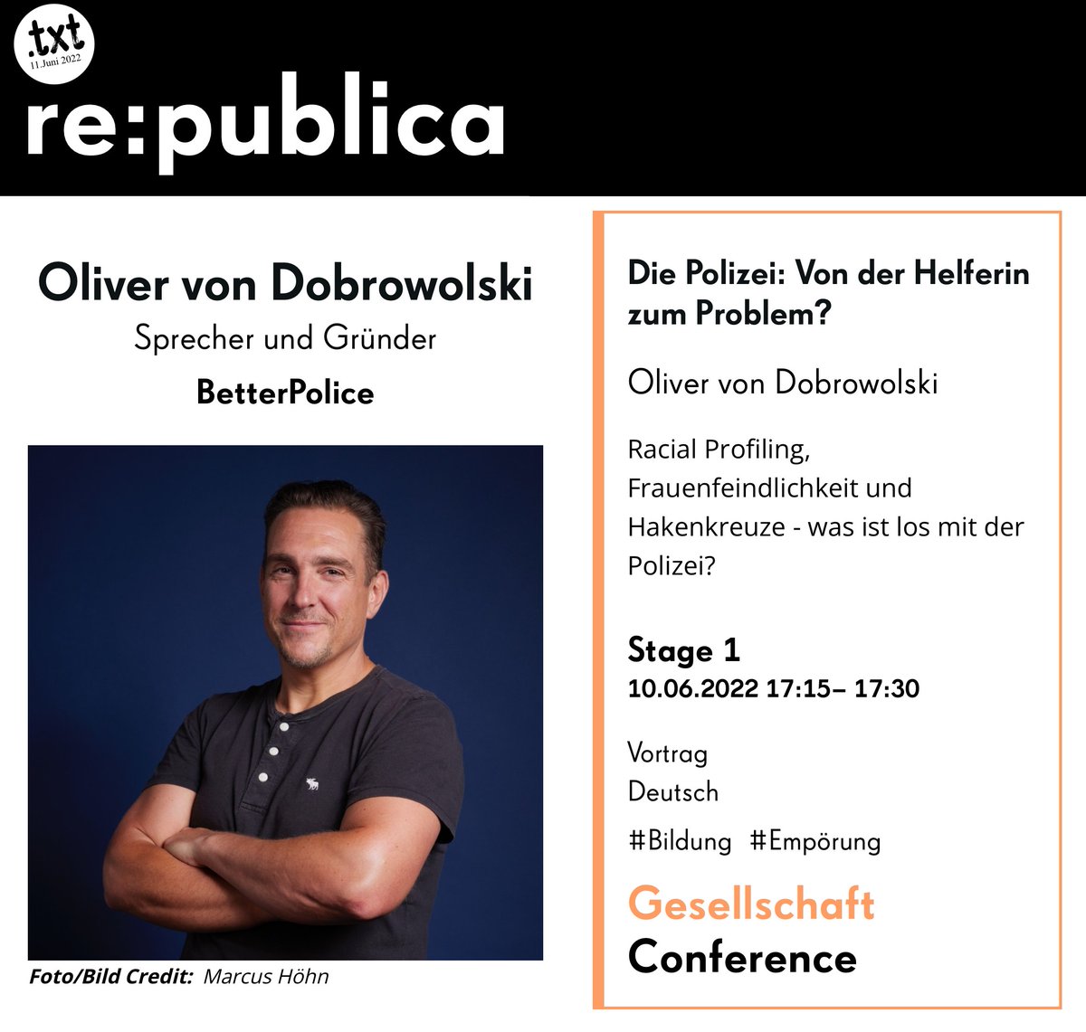 Oliver von Dobrowolski (@vondobrowolski) on Twitter photo Liebe Leute.
So ihr bei der #rp22 dabei seid, schaut doch mal rein:
Am Freitag werde ich Gelegenheit haben, zum Thema #Polizeiproblem zu sprechen und auch Lösungen anzubieten.
Wer hat Bock?
See you #anyway <a href="/republica/">re:publica</a>… Liebe Leute.
So ihr bei der #rp22 dabei seid, schaut doch mal rein:
Am Freitag werde ich Gelegenheit haben, zum Thema #Polizeiproblem zu sprechen und auch Lösungen anzubieten.
Wer hat Bock?
See you #anyway <a href="/republica/">re:publica</a>…