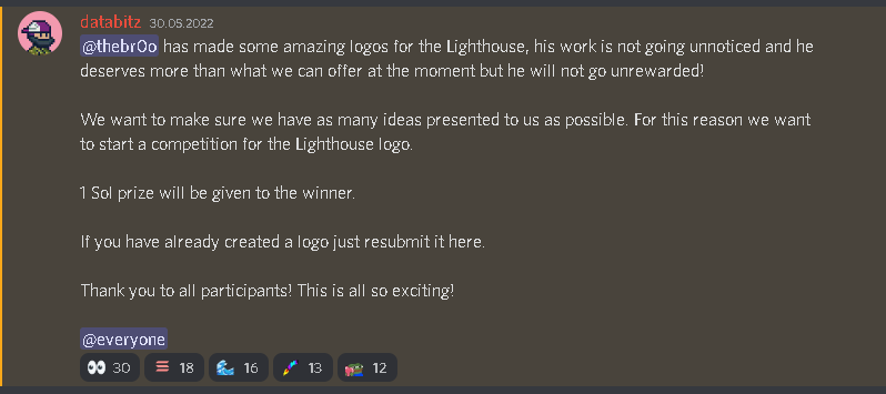 Greetings, Keepers. There is currently an ongoing 'Lighthouse DAO' logo competition on our discord server. We welcome all talented people who want to participate. Reward: 1 $SOL discord.gg/lighthouse