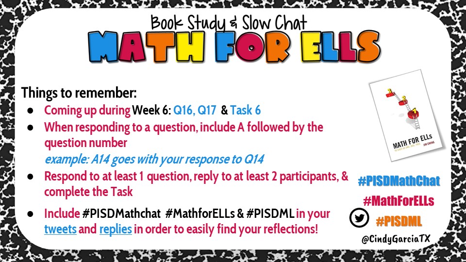 CindyGarciaTX's tweet photo. It's time for Week 6 for #PISDMathChat's #MathforELLs slow chat! Google Site 👉https://t.co/XHoR5pZur8 https://t.co/RAc1EcsLZE