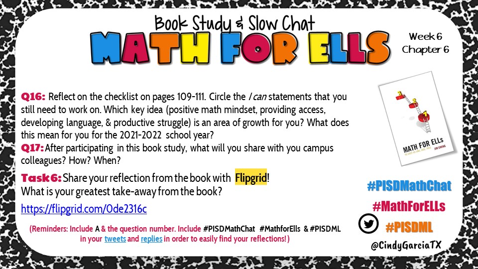 CindyGarciaTX's tweet photo. Week 6 questions for #PISDMathChat's #MathforELLs book study & slow chat! Flipgrid Link: https://t.co/9jPMbu8c8i https://t.co/zZ3kv3K8DB