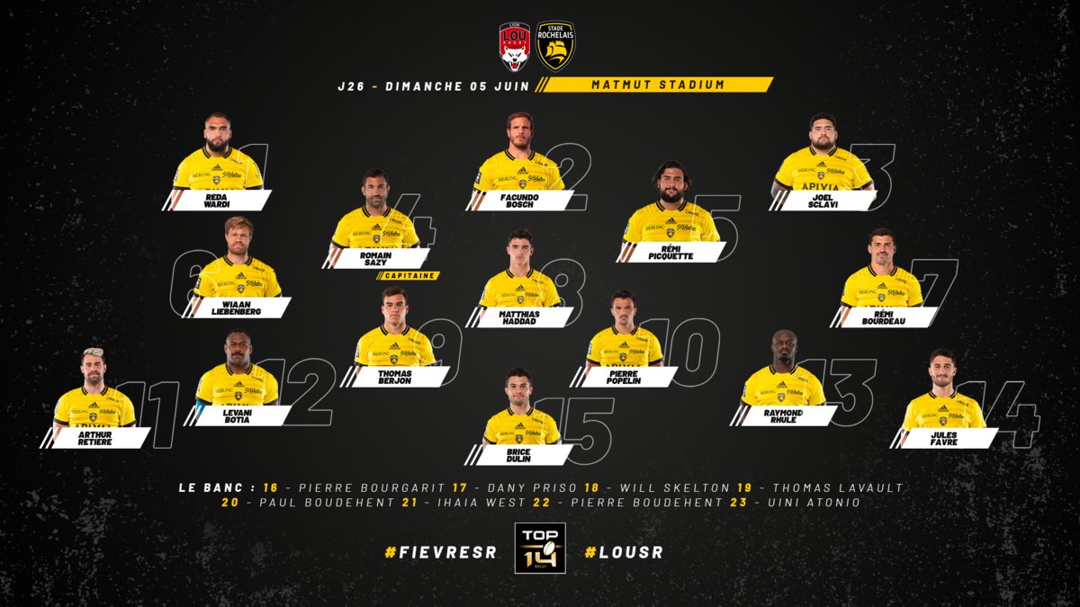 lougdunums's tweet photo. @LeLOURugby vs @staderochelais 
Les dernières compositions pour la dernière journée.
Pour @LeLOURugby victoire à 5 points indispensable pour penser qualification. 
Entre les 2 champions européens,  la bataille s'annonce titanesque.
Nos joueurs auront besoin de nous. https://t.co/zWmnoLyLwl