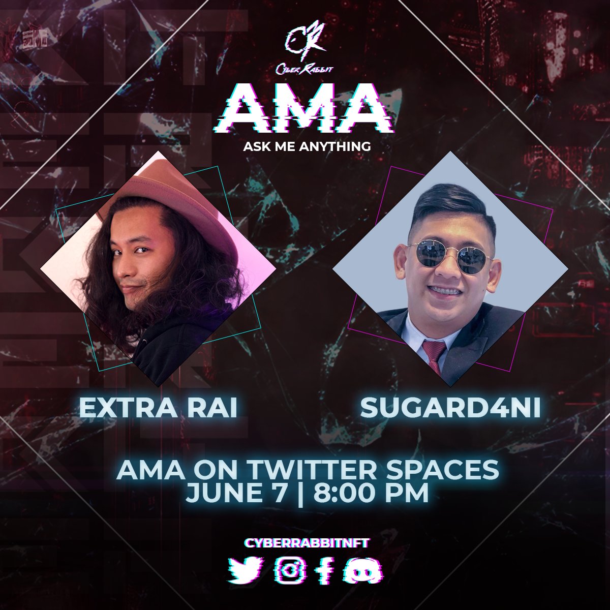CyberRabbit01's tweet photo. Mark your calendars rabbits of the metaverse! 

Our great friends @extrarai_ and @Sug4rD4nii were generous enough to host our twitter space AMA this coming June 7, at 8:00 pm Taipei Time!

Hoping to hop with you on the metaverse! 

#AMANFT #Solana #NFTCommunity #NFTs #NFTProject https://t.co/nbWbWlmKpB