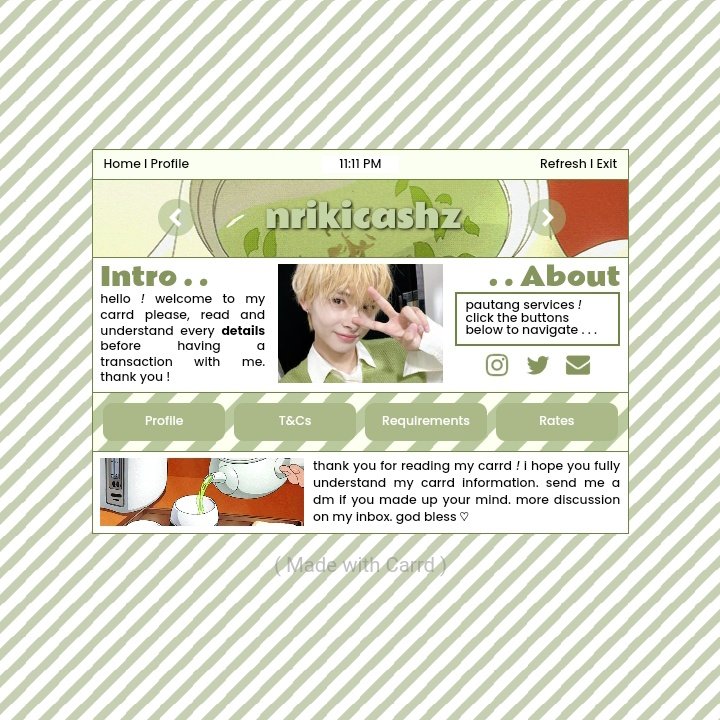 nrikistns's tweet photo. ๐ฏ๏ธ ๊ฐ @woncollect #madebywon ๊ฑ
my carrd is so pretty โก I recently fell in luv with matcha green so I want to change my layout but I'm too lazy and dumb to create a new layout, so thank you bea for this adorable carrd <3 super worth it ! highly recommended ๐ฟ https://t.co/qD7FVxPXVi