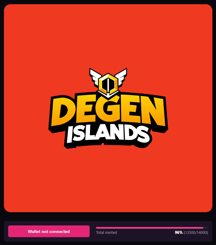 DegenIslands's tweet photo. 🚨 Public Sale Status Update 🚨

As of 6:03 PM UTC ⏰

Mint Completion: 96%
Minted: 13500
Supply: 14000

⏰ Public Sale Ends in: 1D 5H
✅ What's left: 500 Degen Islands NFTs
💵 Price: 1 Sol

Dig! Dig! ⛏ your own island at:
https://t.co/42Al0N1mQW…

#solananft #Solana #P2EGames https://t.co/XpiiChM7Bd
