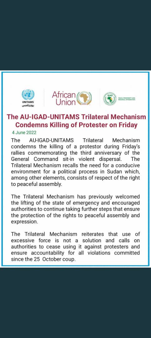 ismail_wais's tweet photo. AU-IGAD-UNITAMS Trilateral Mechanism Condemns Killing of Protester on Friday. https://t.co/AkLx96WihB