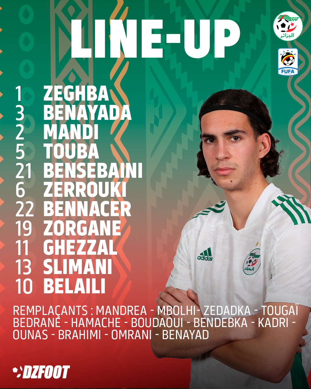 DZfoot on X: 🇩🇿🇺🇬 Voici le XI entrant de l'Algérie qui affrontera  l'Ouganda, dans le cadre de la première journée des éliminatoires de la CAN  2023 ! #TeamDZ #ALGUGA Allez les Verts !