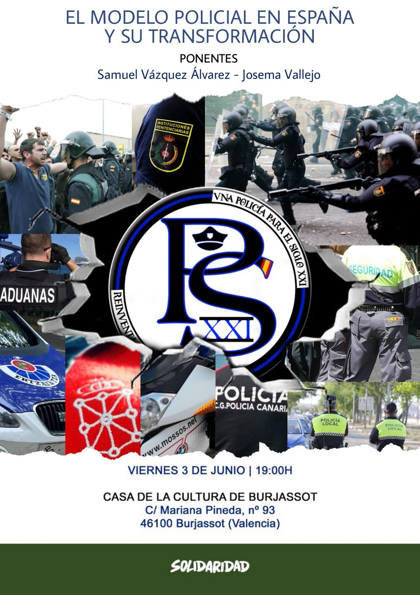 Un placer y un honor haber compartido con nuestros amigos de <a href="/solidaridad_esp/">Sindicato Solidaridad 🇪🇸</a> en #Valencia el proyecto de <a href="/PoliciaSXXI/">Policía S.XXI </a> y la esperanza de que un cambio de modelo policial es posible.
Gracias a <a href="/VoxDavidgarcia/">David García 🇪🇸 ن</a>, a <a href="/peris_vigo/">Luis Peris Vigo</a> y al resto de organizadores por la acogida.
Seguimos!💪🏻