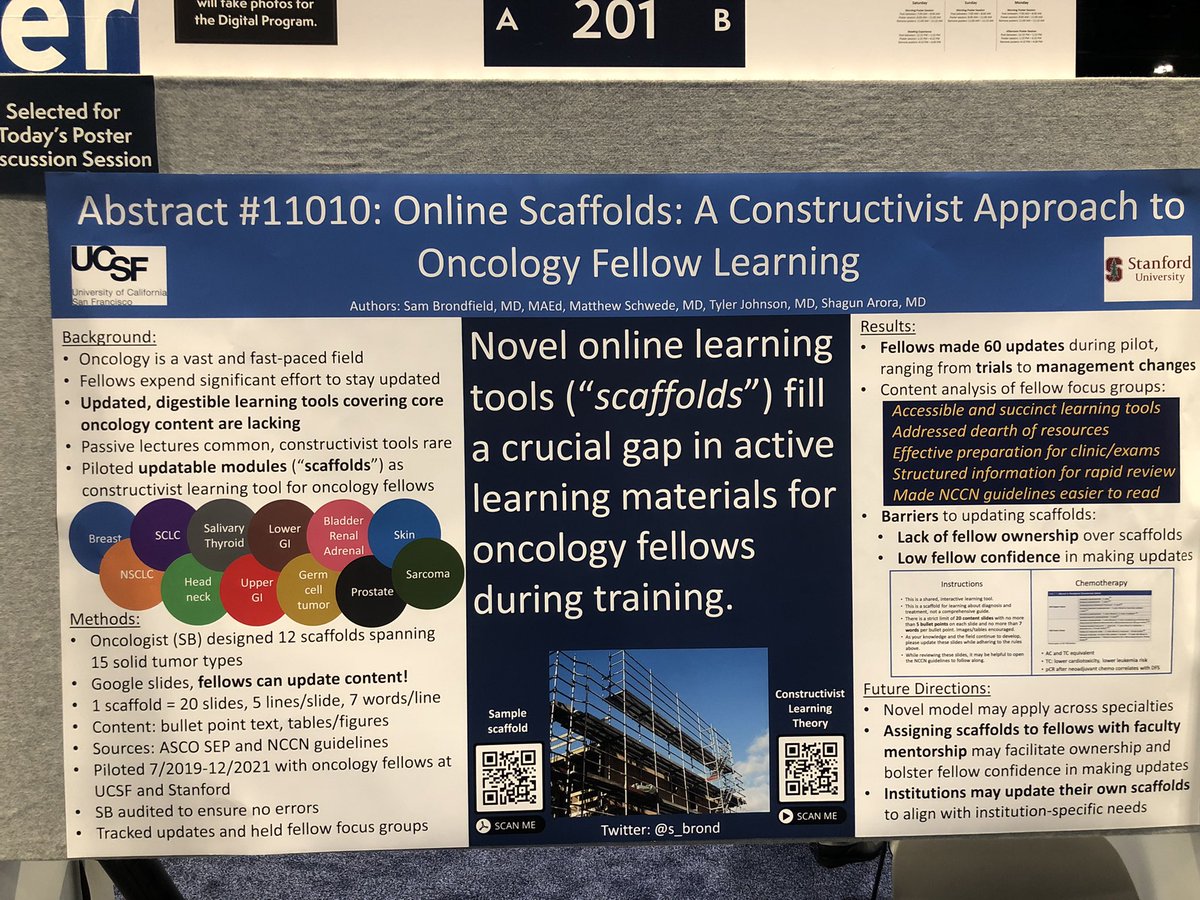 s_brond's tweet photo. Come check out some #MedEd projects at the @ASCO poster session! Fun doing these projects with fellow ESP alum @tpjmd @Stanford, #workspouse @shagunaroramd, and other amazing @UCSF @UCSFMedicine @UCSFNeuro @UCSFCancer colleagues! #OncMedEdCoP https://t.co/Zeek2AUbo4