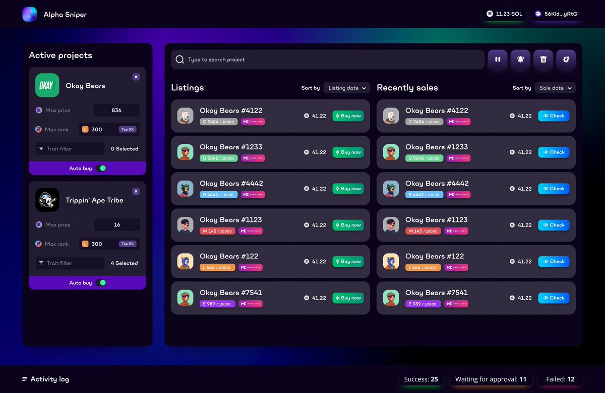 kitonbill's tweet photo. Some UI/UX improvements on our Solana Sniper Bot. Any thoughts? @MagicEden #Solana #SolanaNFTs #TrippinApeNFT #OkayBears #DeGods https://t.co/kf2IlBhq6A
