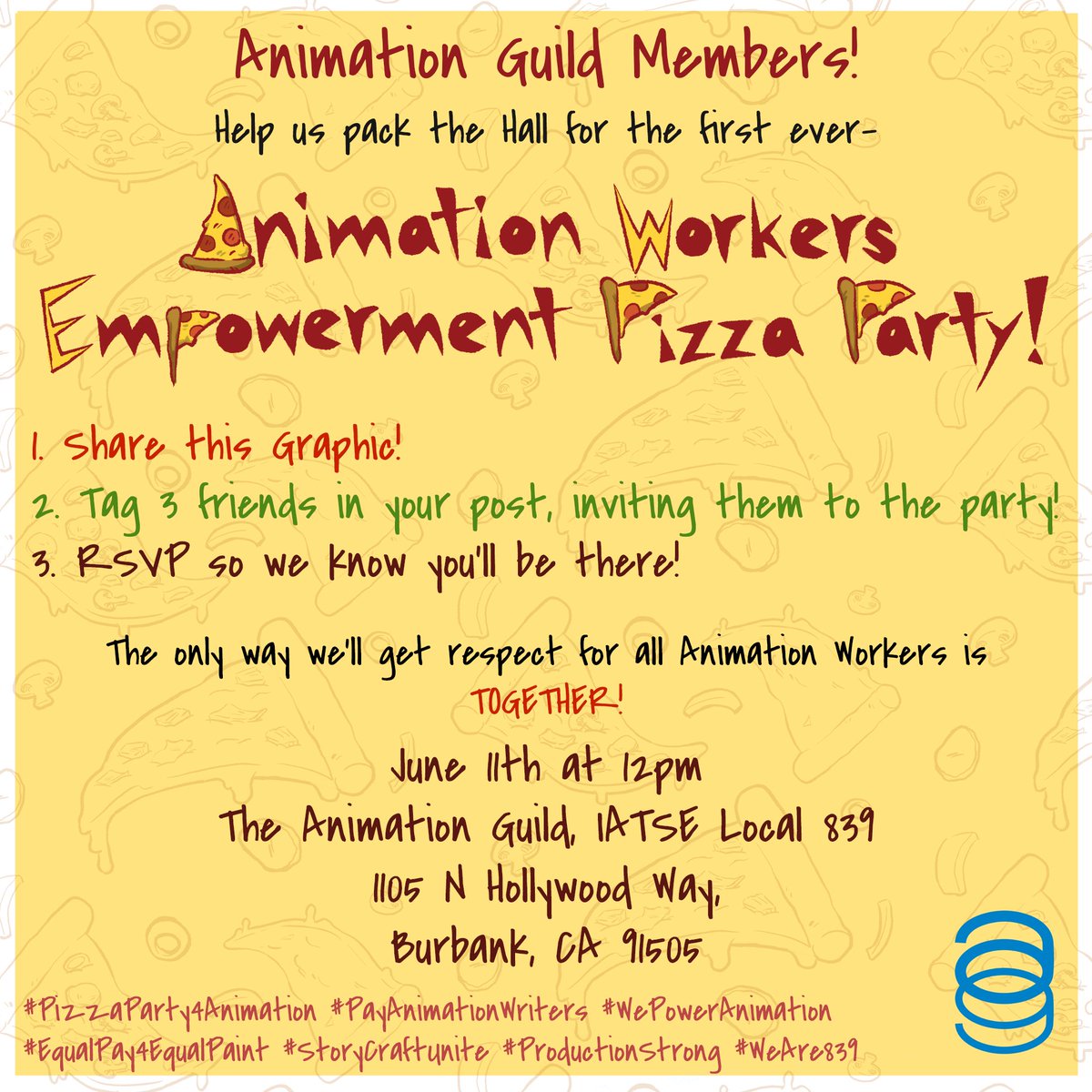 TAGwriters's tweet photo. Help us guarantee success for the first ever Animation Workers Empowerment Pizza Party!
Tag 3 Animation Guild members you'd like to see eating pizza and fighting for Animation at the #PizzaParty4Animation!
https://t.co/7yykrSsXOe
@BonnieBranson @agoostey @Ian_Rickett https://t.co/HNdnUnyIL9
