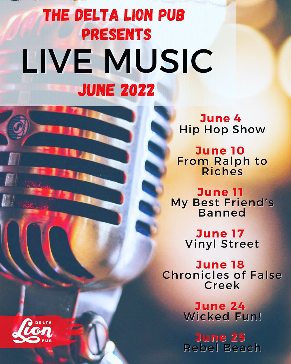 DeltaLionPub's tweet photo. Check out our Live Music line up for June 2022 at the DLP kicking off tonight!🎤🎧🙌

#DeltaLionPub #LiveMusic #HipHop #ExperienceDelta #DLP https://t.co/OgPdTQUuDf