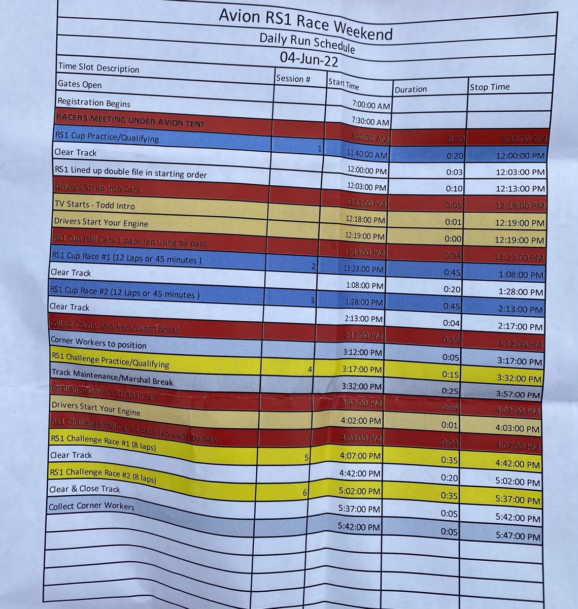Track is drying and we’re almost set to go with RS1 action. Here’s our updated schedule for the day.