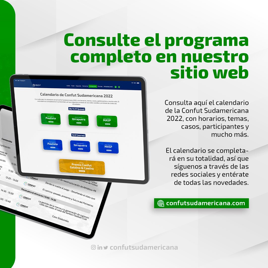 ⭐ ¡Esto es sólo algo de lo que verás en la Confut Sudamericana 2022!

👉 Uno de los objetivos de la Confut Sudamericana, además de generar negocios y fomentar el fútbol sudamericano, es traer el aprendizaje de grandes clubes y empresas que están en esta industria tan competitiva