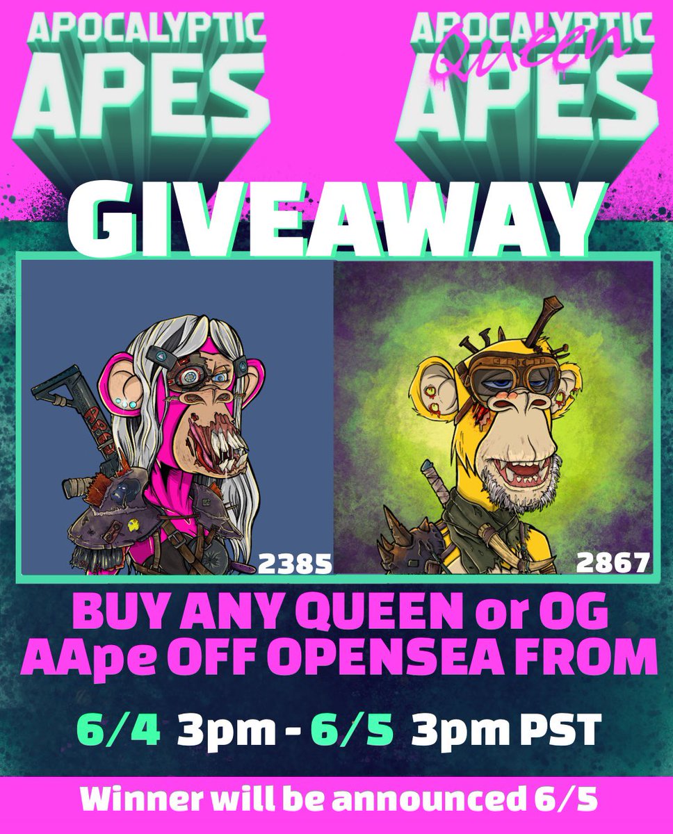 Apocalyptic Queen Apes 👑🦍 (@aapequeens) on Twitter photo 🚨GIVEAWAY TIME!🚨<a href="/AAPEQueens/">Apocalyptic Queen Apes 👑🦍</a> & <a href="/apocalypticapes/">Apocalyptic Apes | 🦍</a> are giving away THIS QUEEN & THIS #AAPE TO 2 LUCKY WINNERS!
⬇️How to enter⬇️
🚀BUY A QUEEN OR OG AAPE OFF OF OUR #OPENSEA
➡️ opensea.io/collection/que…
➡️ opensea.io/collection/apo…
#BAYC #NFTGiveaway #AAPES #AapeQueens
#Giveaways 🚨GIVEAWAY TIME!🚨<a href="/AAPEQueens/">Apocalyptic Queen Apes 👑🦍</a> & <a href="/apocalypticapes/">Apocalyptic Apes | 🦍</a> are giving away THIS QUEEN & THIS #AAPE TO 2 LUCKY WINNERS!
⬇️How to enter⬇️
🚀BUY A QUEEN OR OG AAPE OFF OF OUR #OPENSEA
➡️ opensea.io/collection/que…
➡️ opensea.io/collection/apo…
#BAYC #NFTGiveaway #AAPES #AapeQueens
#Giveaways