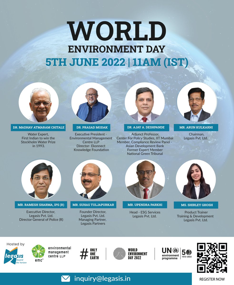<a href="/LEGASIS/">Legasis</a> &amp; @EMC_LLP celebrate #WorldEnvironmentDay2022 on 5th June, 11 AM IST. The theme from <a href="/UNEP/">UN Environment Programme</a> is #OnlyOneEarth 

Register now at bit.ly/3kMf04p
#unep #esg #climatechange #sustainability #water #saynotoplastic #environment #legal #legasis