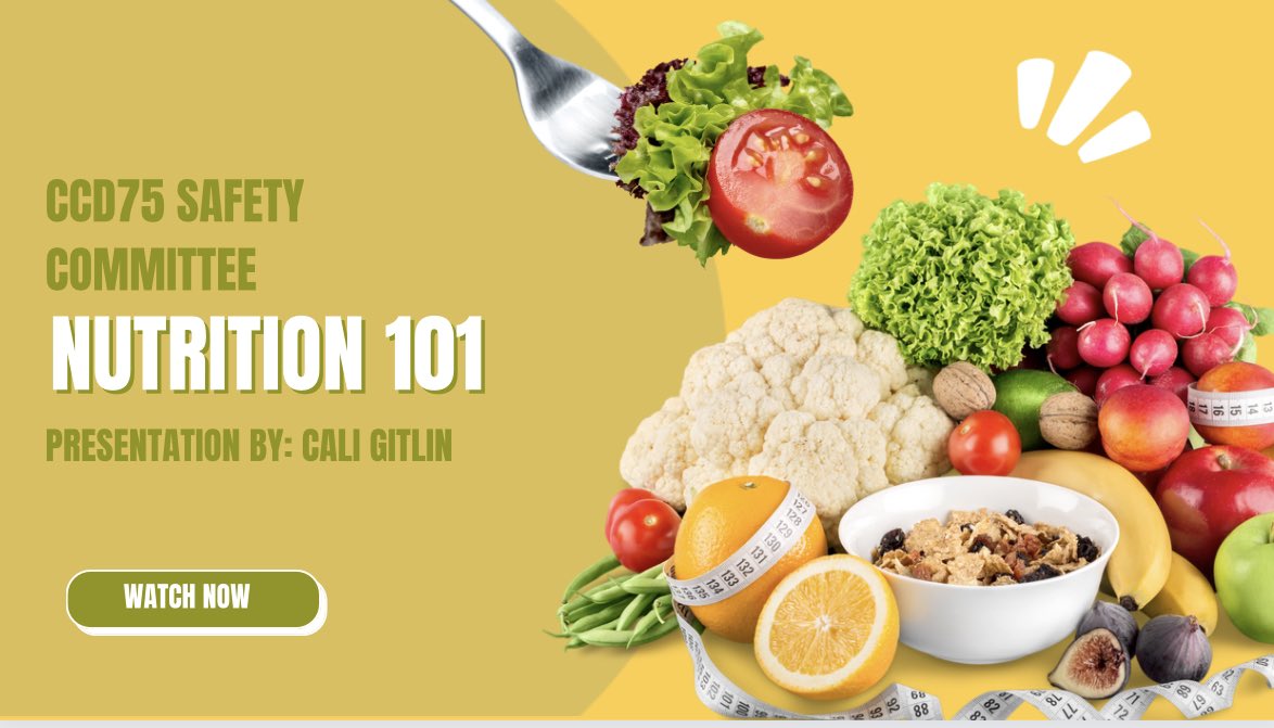 d75council's tweet photo. Want to learn some of the basics of nutrition? Click the link below for a recorded presentation by Cali Gaitlin. Brought to you by the CCD75 Safety Committee.
#Nutrition #Safety #ccd75
https://t.co/5pJCnatD2u https://t.co/sY7IrOnbSt
