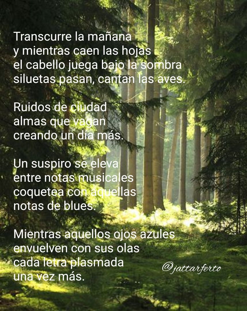 jattarferto's tweet photo. Transcurre la mañana
y mientras caen las hojas
el cabello juega bajo la sombra
siluetas pasan, cantan las aves.

Ruidos de ciudad
almas que vagan 
creando un día más.

Un suspiro se eleva
entre notas musicales
coquetea con aquellas
notas de blues.

Mientras aquellos..... https://t.co/LKgml6aIQr
