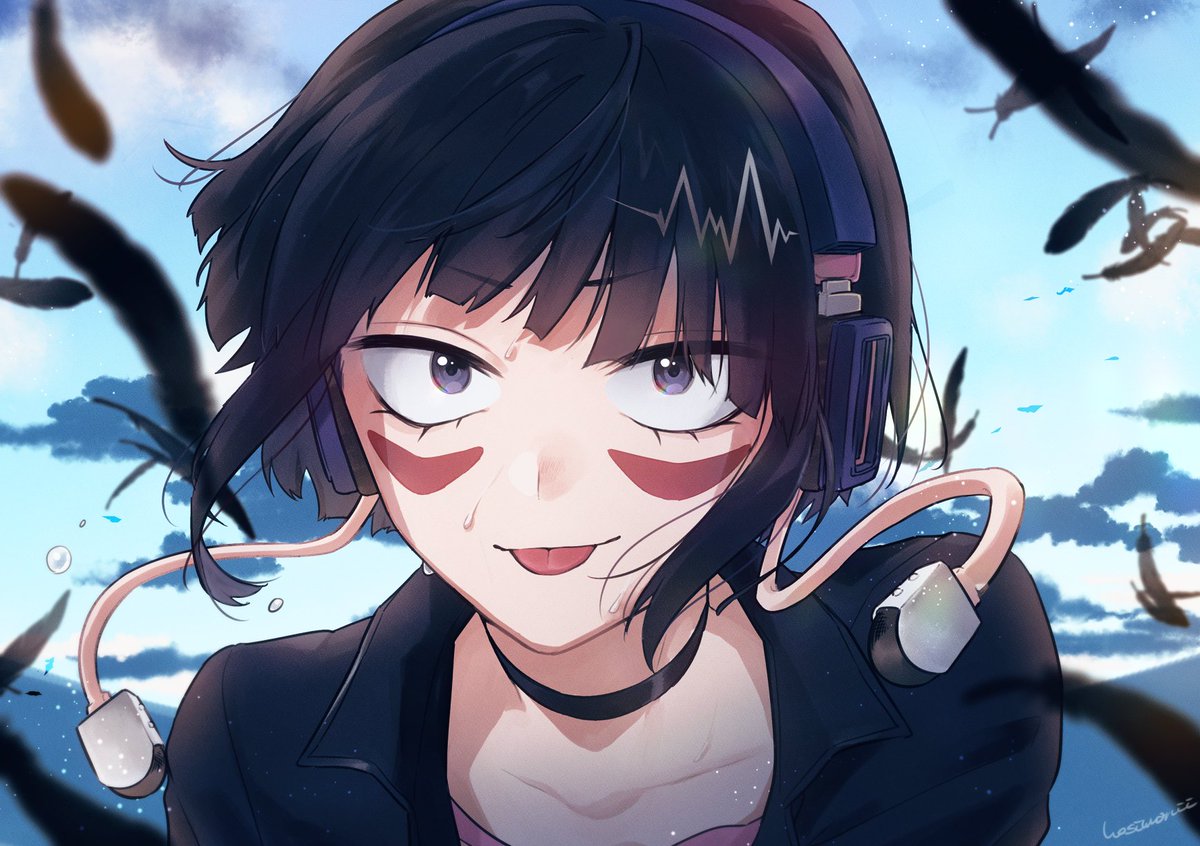 jirou kyouka 1girl solo feathers short hair tongue tongue out black hair  illustration images