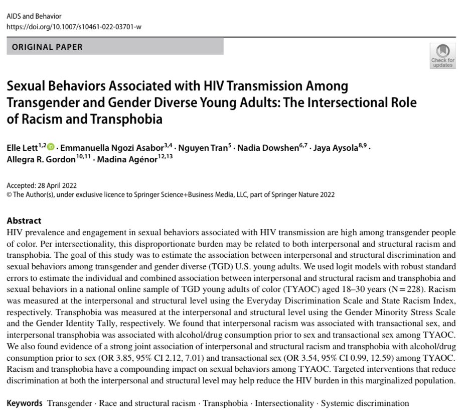 New Pub Alert:  In this paper we apply the principles of intersectionality to estimate the association of racism and transphobia with sexual behaviors associated with HIV transmission. We link survey data with state level proxies or structural racism and transphobia and, combined